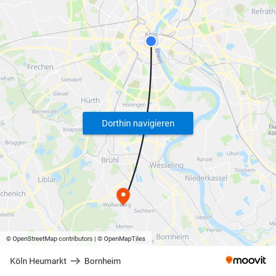 Köln Heumarkt to Bornheim map