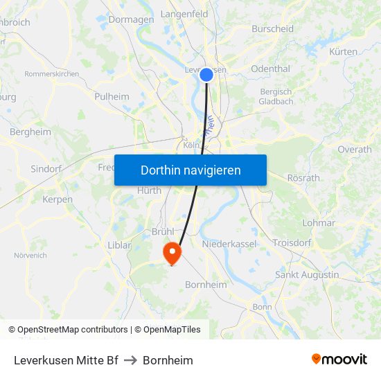 Leverkusen Mitte Bf to Bornheim map