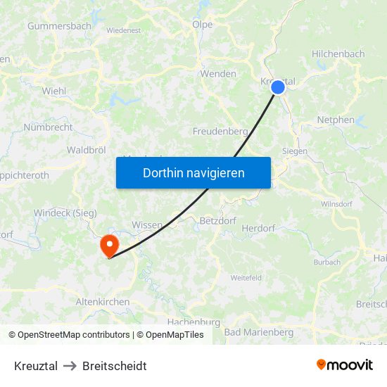 Kreuztal to Breitscheidt map