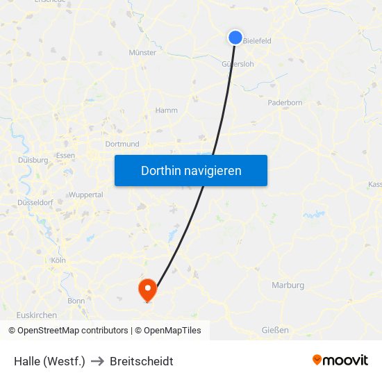 Halle (Westf.) to Breitscheidt map