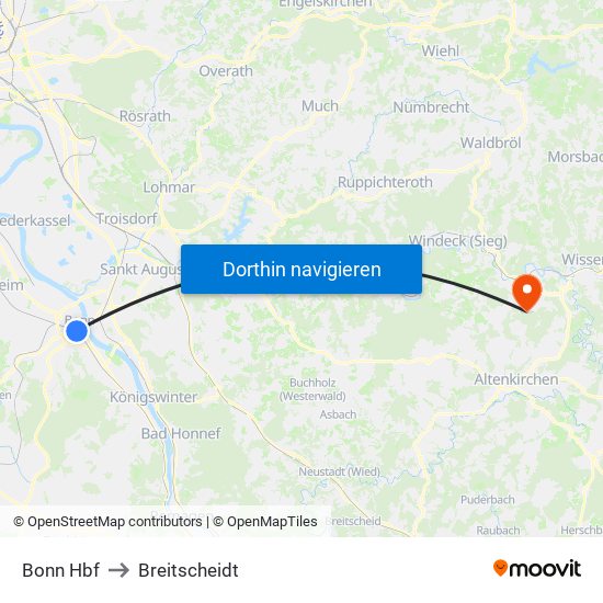 Bonn Hbf to Breitscheidt map