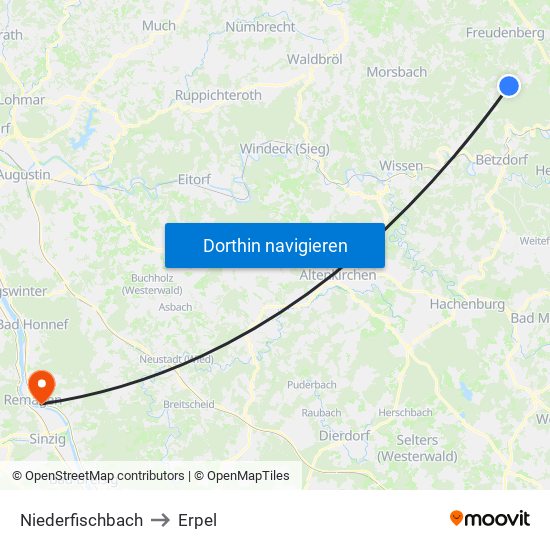 Niederfischbach to Erpel map