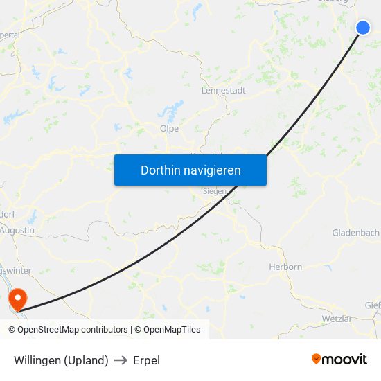 Willingen (Upland) to Erpel map