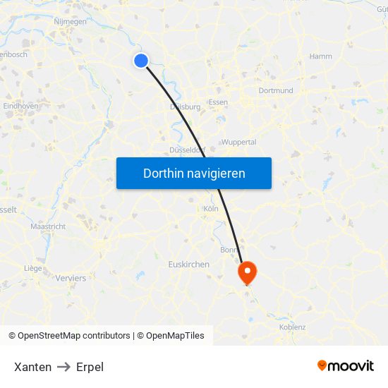 Xanten to Erpel map