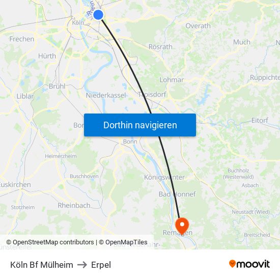 Köln Bf Mülheim to Erpel map