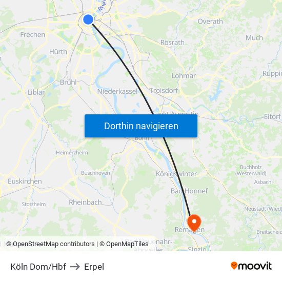 Köln Dom/Hbf to Erpel map