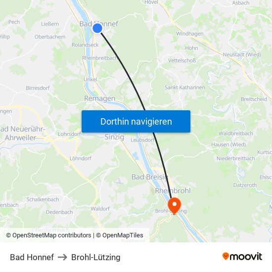 Bad Honnef to Brohl-Lützing map