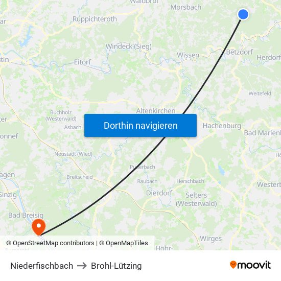 Niederfischbach to Brohl-Lützing map