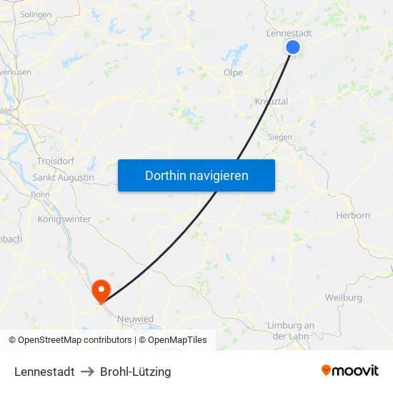 Lennestadt to Brohl-Lützing map