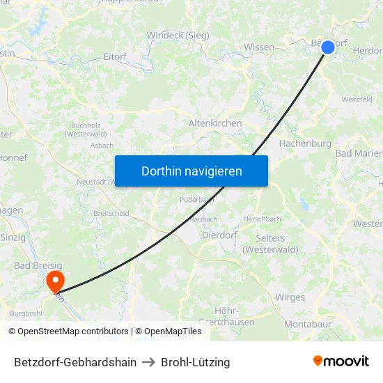 Betzdorf-Gebhardshain to Brohl-Lützing map