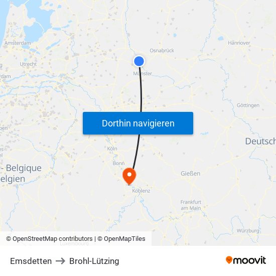 Emsdetten to Brohl-Lützing map