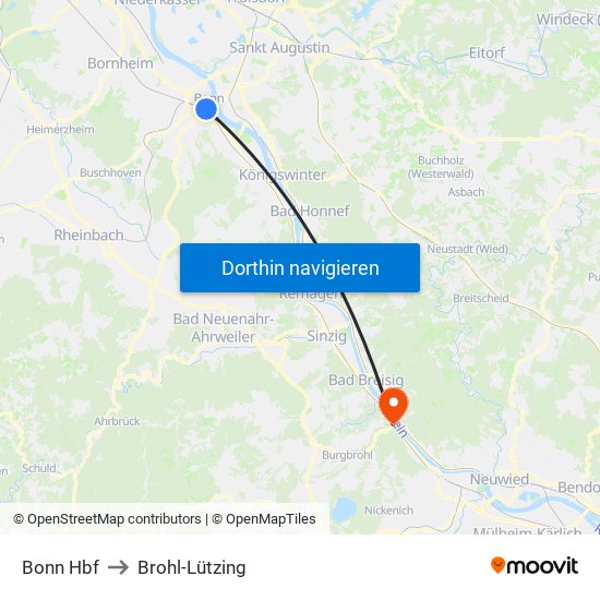 Bonn Hbf to Brohl-Lützing map