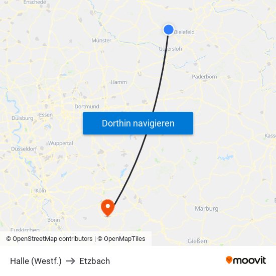 Halle (Westf.) to Etzbach map