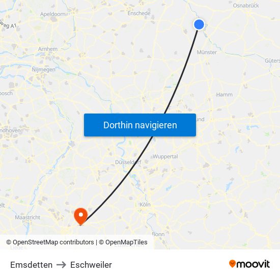 Emsdetten to Eschweiler map