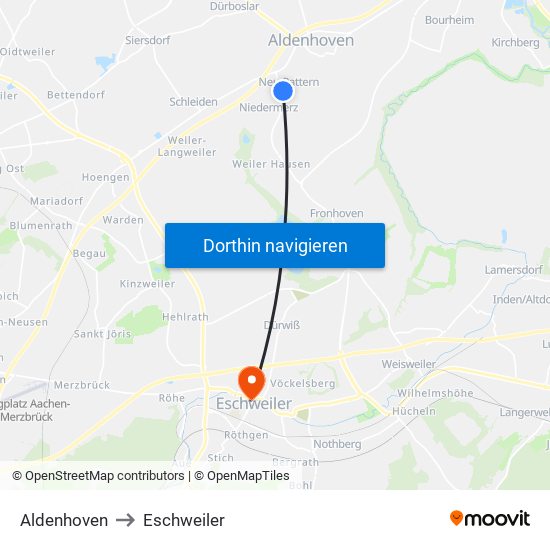 Aldenhoven to Eschweiler map