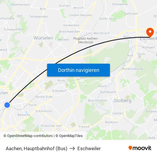 Aachen, Hauptbahnhof (Bus) to Eschweiler map