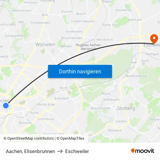 Aachen, Elisenbrunnen to Eschweiler map