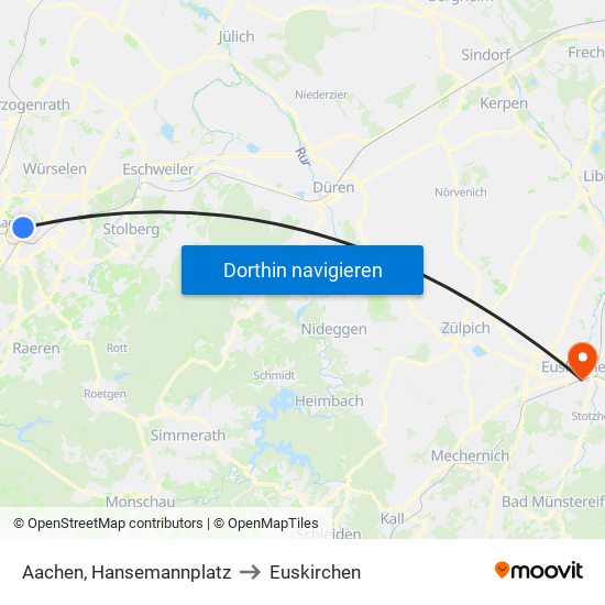 Aachen, Hansemannplatz to Euskirchen map