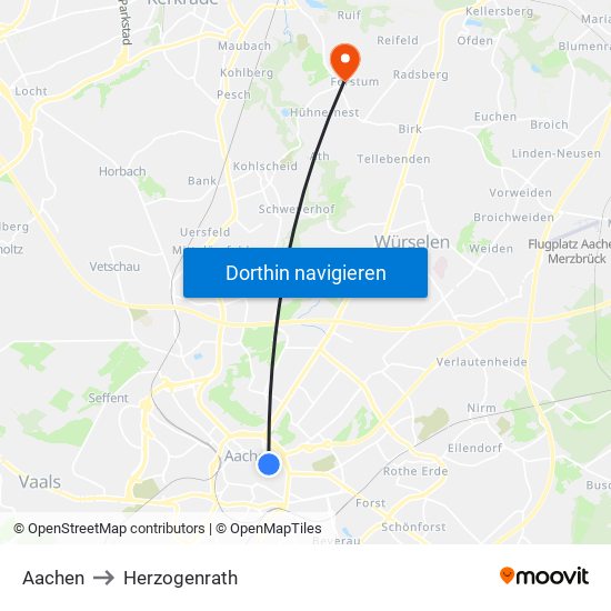 Aachen to Herzogenrath map