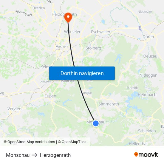 Monschau to Herzogenrath map