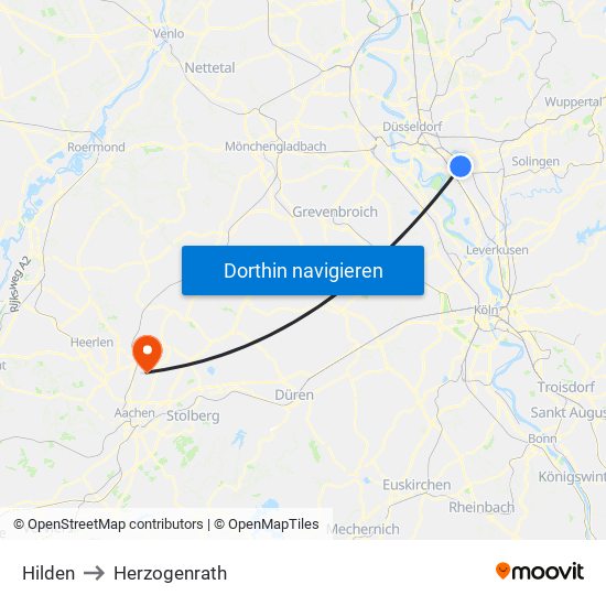 Hilden to Herzogenrath map