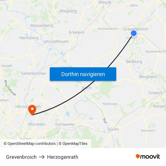 Grevenbroich to Herzogenrath map