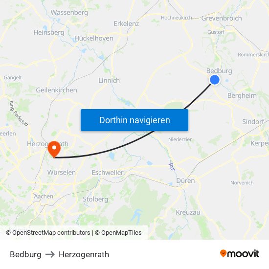 Bedburg to Herzogenrath map