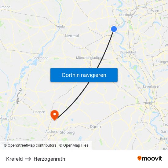 Krefeld to Herzogenrath map