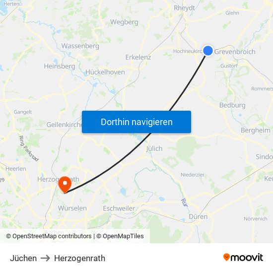 Jüchen to Herzogenrath map