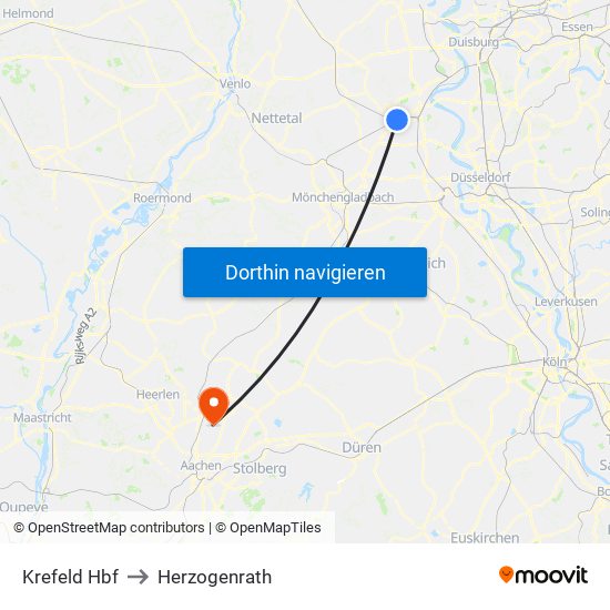 Krefeld Hbf to Herzogenrath map