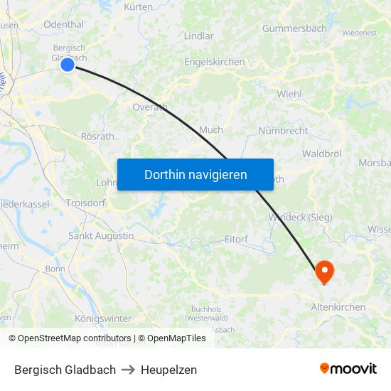 Bergisch Gladbach to Heupelzen map