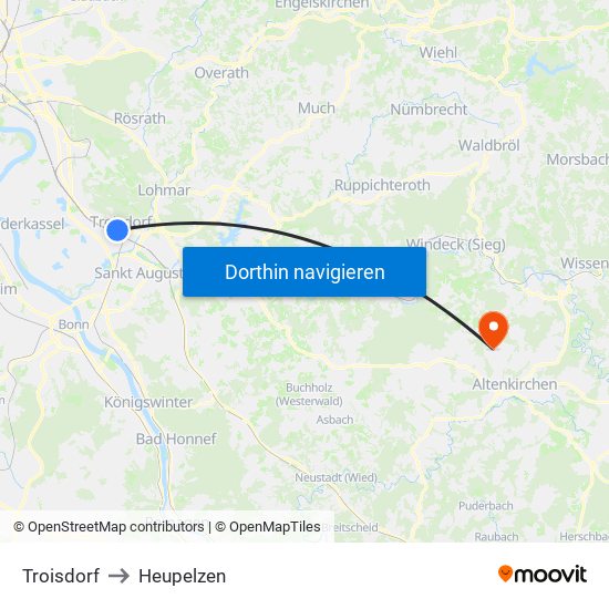 Troisdorf to Heupelzen map
