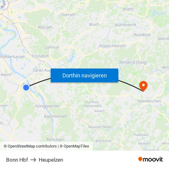 Bonn Hbf to Heupelzen map