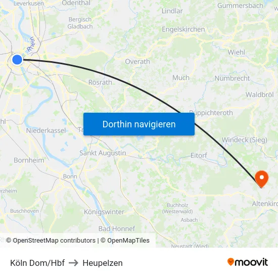 Köln Dom/Hbf to Heupelzen map