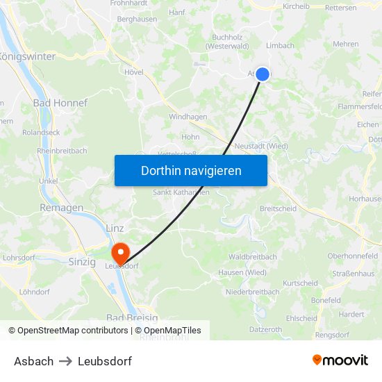 Asbach to Leubsdorf map