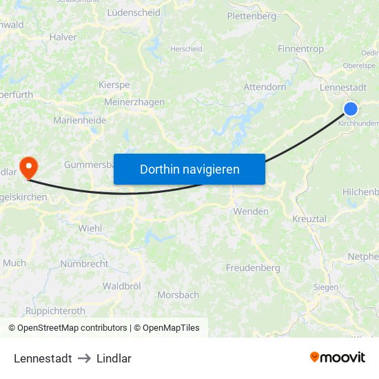 Lennestadt to Lindlar map