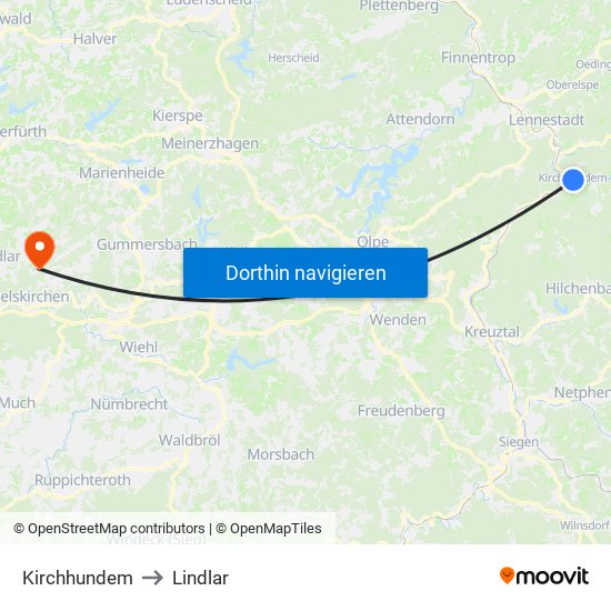 Kirchhundem to Lindlar map