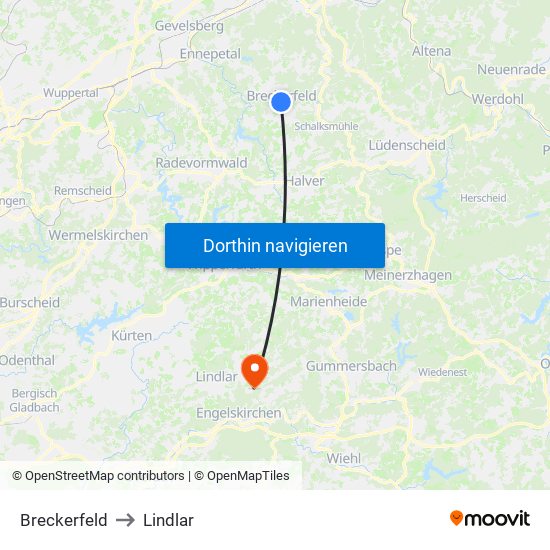 Breckerfeld to Lindlar map