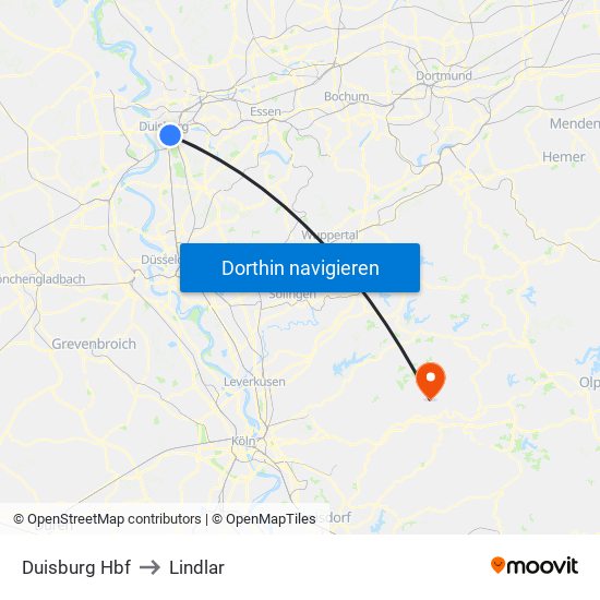 Duisburg Hbf to Lindlar map