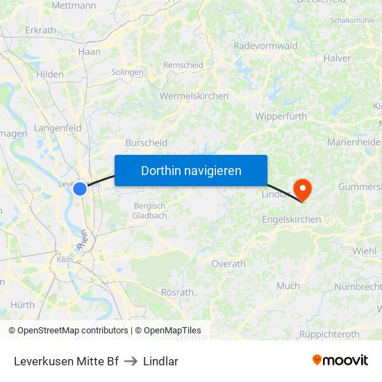 Leverkusen Mitte Bf to Lindlar map