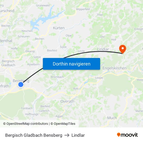 Bergisch Gladbach Bensberg to Lindlar map