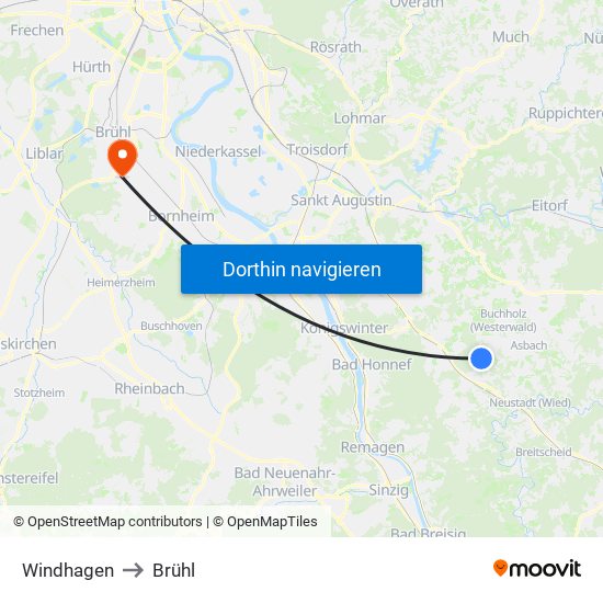 Windhagen to Brühl map