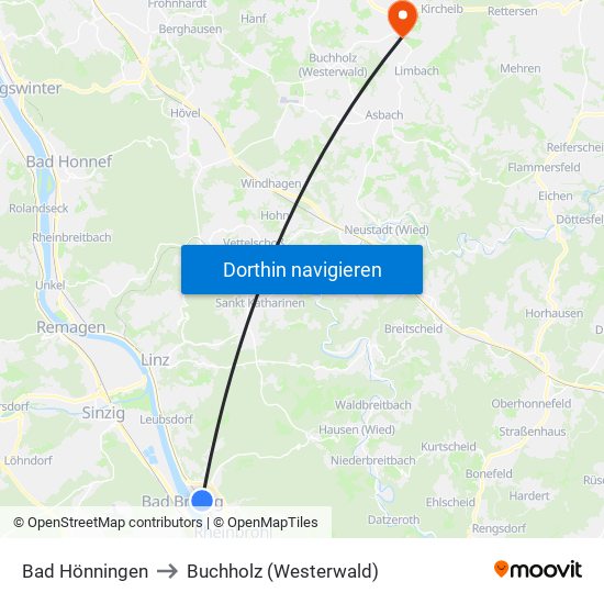 Bad Hönningen to Buchholz (Westerwald) map