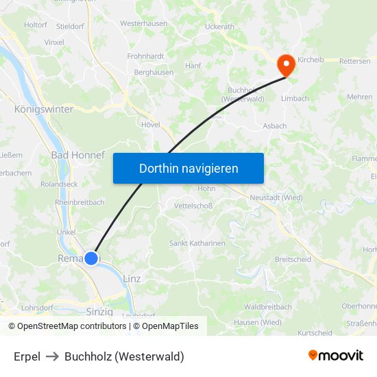 Erpel to Buchholz (Westerwald) map