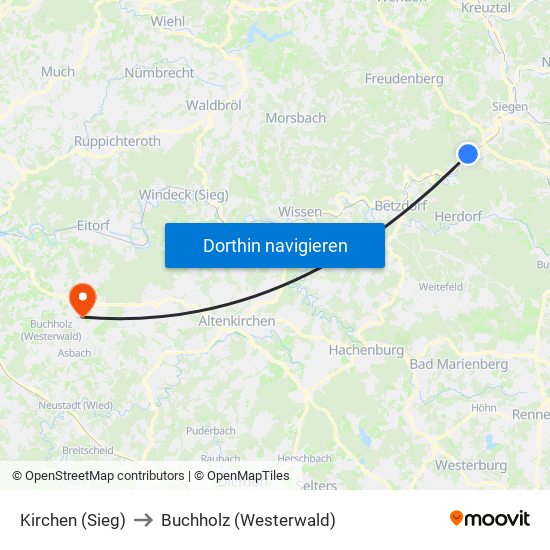 Kirchen (Sieg) to Buchholz (Westerwald) map