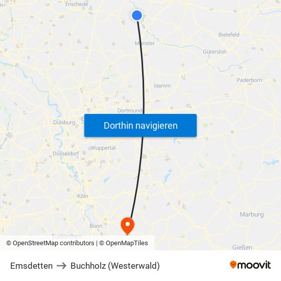 Emsdetten to Buchholz (Westerwald) map