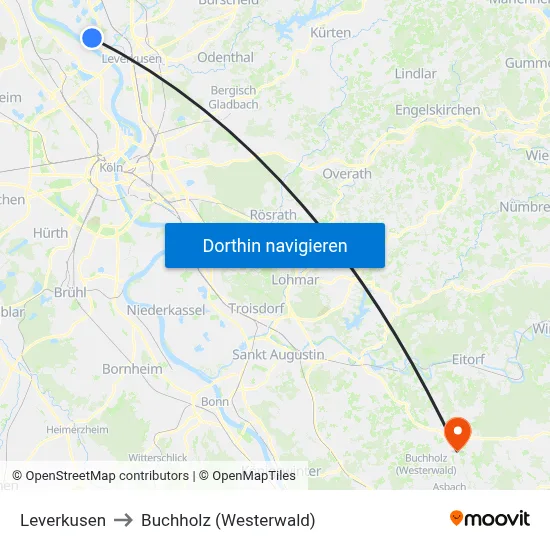 Leverkusen to Buchholz (Westerwald) map