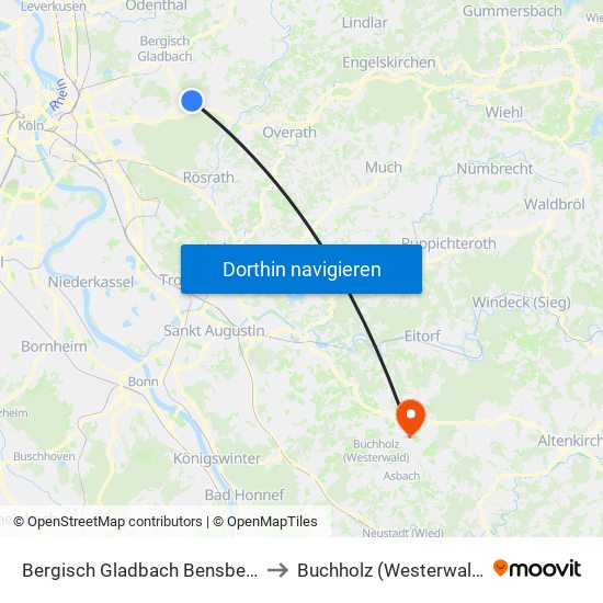 Bergisch Gladbach Bensberg to Buchholz (Westerwald) map
