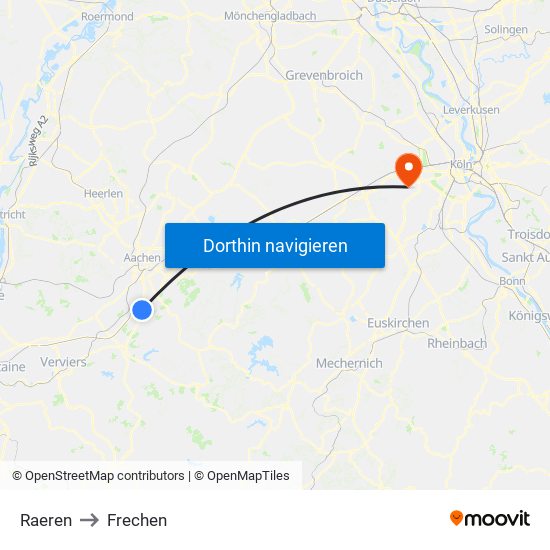 Raeren to Frechen map