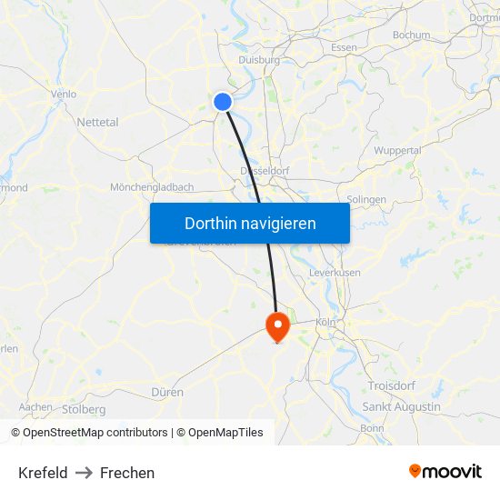 Krefeld to Frechen map